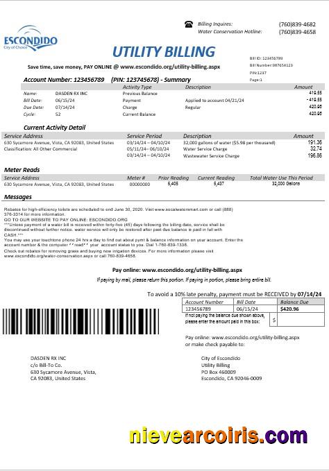 USA California Escondido City of Choice business utility bill